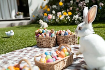 Canvas Print - Easter celebration in a garden with colorful eggs and a rabbit