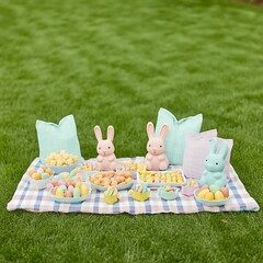 Canvas Print - Easter picnic setup with pastel bunnies, colorful eggs, and treats