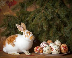 Wall Mural - Easter rabbit beside beautifully decorated eggs under a pine tree