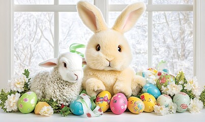 Wall Mural - Easter-themed scene with plush bunny and lamb beside colorful eggs