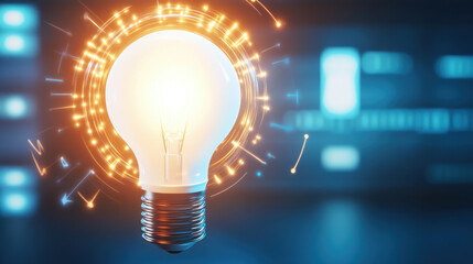 Canvas Print - glowing light bulb surrounded by dynamic energy sparks, symbolizing innovation and creativity. background features modern digital interface, enhancing futuristic feel