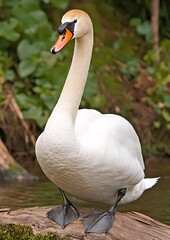 Wall Mural - Elegant swan standing on a log near a serene water body surrounded by greenery