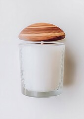 Canvas Print - Elegant white candle with wooden lid on a light background