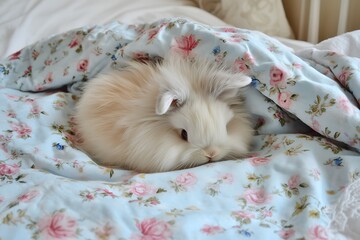 Poster - Fluffy white rabbit resting on a floral blanket in a cozy room