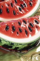 Wall Mural - Close-up of freshly cut watermelon slices resting in a pool of juice on a wooden surface