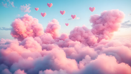 Wall Mural - Pink clouds in shape of hearts. Romantic and dreamy atmosphere. Valentine's day concept.