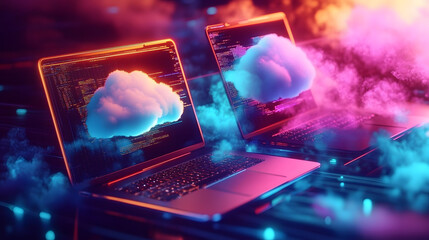 Wall Mural - exploring cloud computing a modern digital landscape with laptops and cloud icons