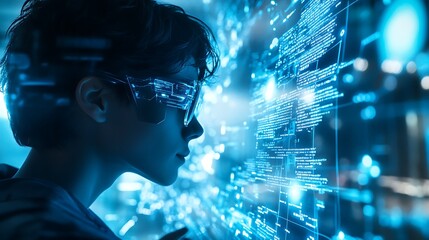 Young Programmer Studying Digital Code Interface