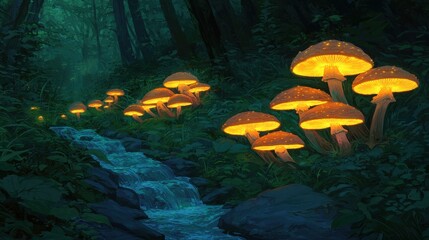 Poster - Glowing Mushrooms Beside a Tranquil Stream in a Forest Setting