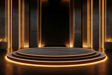 Wall Mural - A circular podium with gold lighting strips on the left and right sides, a dark background wall, a high-end atmosphere, a front view, a symmetrical composition.