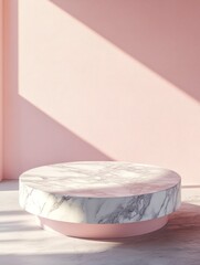 Wall Mural - Marble texture, podium display background product mockup display with pink wall and shadow effect, simple scene, 3D rendering, high-resolution photography, professional color grading.