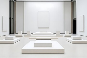 Canvas Print - Minimalist art gallery featuring white pedestals and blank canvases