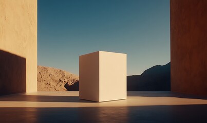 Poster - Minimalist white cube in desert landscape under clear blue sky