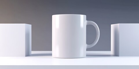 Canvas Print - Minimalist white mug displayed on a clean shelf with geometric shapes