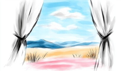 Wall Mural -  a painting of a window with curtains open, revealing a view of a desert landscape with mountains in the background The sky is filled with clouds and the ground is