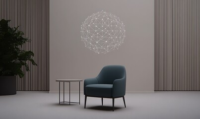 Poster - Modern interior featuring a minimalist chair and geometric wall art