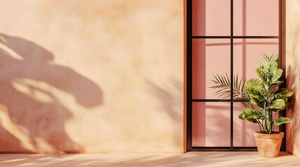 Poster - Modern indoor space with potted plant and sunlight shadows on wall