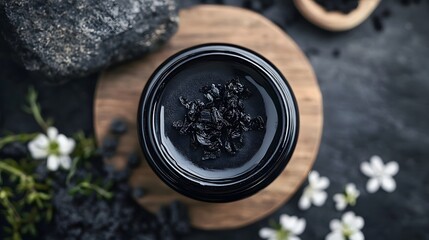 Aufkleber - Burning black candle flame casting a warm glow on a rustic wooden surface surrounded by natural botanicals and stones for a serene minimalist and high end aesthetic  This image evokes a sense of calm