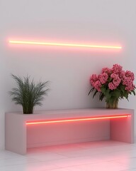 Poster - Modern minimalist interior with pink flowers and neon lighting accents