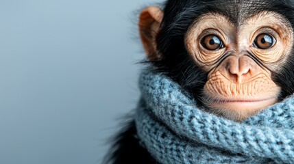 Wall Mural -  a baby chimpanzee wearing a blue scarf around its neck, looking directly at the camera with a curious expression