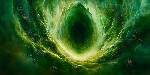 Wall Mural - Mysterious swirling vortex with green hues amidst a cosmic backdrop