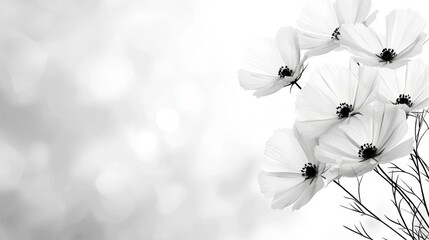 Wall Mural -  a bunch of white cosmos flowers on a black and white background The flowers are in full bloom, with their petals spread wide and their stems and leaves visible Th