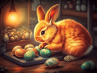 Canvas Print - Orange rabbit painting Easter eggs in a cozy workshop setting