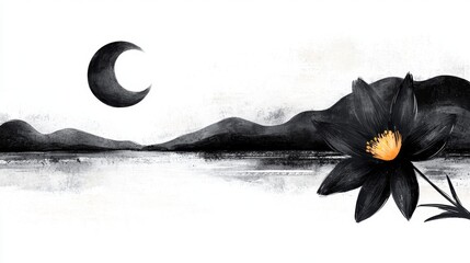 Wall Mural -  a black and white painting of a lotus flower in the middle of a lake, surrounded by mountains and a crescent moon in the night sky