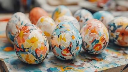 Wall Mural - Colorful hand painted ceramic Easter eggs displayed in a rustic woven basket creating a vibrant and festive for a spring holiday The eggs feature intricate patterns and floral designs