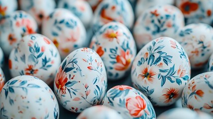 Wall Mural - Colorful floral patterned Easter eggs arranged in a group on a soft blue background  These handcrafted hand painted eggs feature intricate designs and vibrant pastel colors