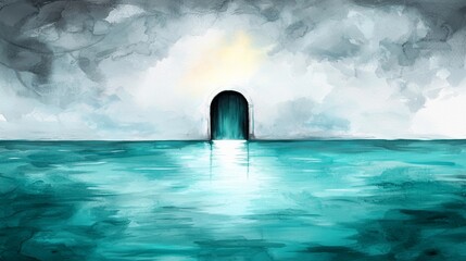 a painting of a door in the middle of a body of water, with a sky filled with clouds in the backgrou