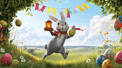 Poster - Playful rabbit celebrating Easter with colorful eggs in a sunny meadow