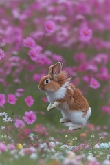 Poster - Playful rabbit hopping amidst vibrant pink flowers in a spring meadow