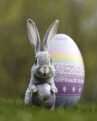 Poster - Playful rabbit holding a decorated egg in a vibrant spring garden