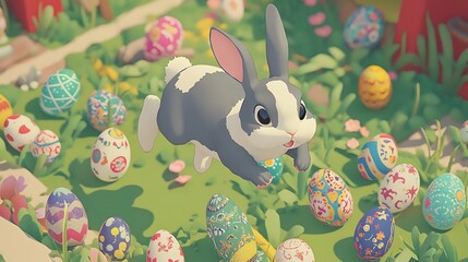 Poster - Playful rabbit hopping among colorful Easter eggs in a vibrant garden (1)