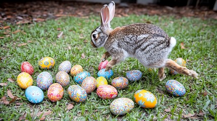 Poster - Playful rabbit hopping among colorful Easter eggs on green grass