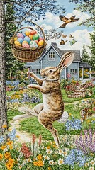 Poster - Playful rabbit jumping for colorful Easter eggs in a vibrant garden