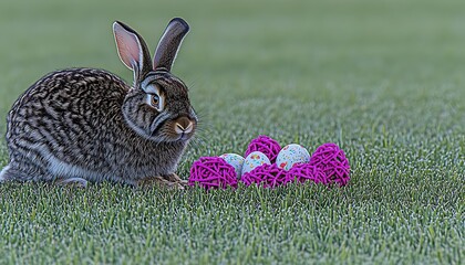 Canvas Print - Playful rabbit near colorful Easter eggs on a grassy field