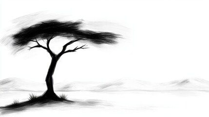 Canvas Print -  a black and white drawing of a tree in the middle of a field, surrounded by hills in the background