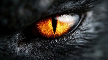 Wall Mural -   a close up of a black cat's eye with yellow iris, creating a striking contrast between the dark fur of the cat and the bright orange of the iris