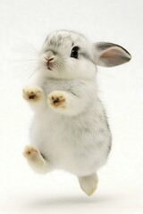 Poster - Playful white rabbit jumping in a bright, clean studio setting