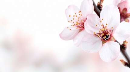 Wall Mural -  a close up of a pink cherry blossom on a tree branch against a white background The delicate petals of the flower are a vibrant pink color, and the stem of the tre