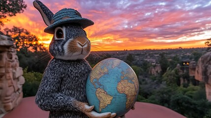 Canvas Print - Rabbit holding a globe at sunset in a scenic outdoor landscape