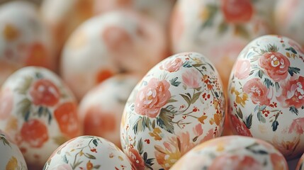 Wall Mural - Elegantly Decorated Easter Eggs with Vintage Floral Patterns Vibrant Colors and Botanical Designs for Spring Holiday