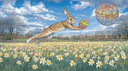 Poster - Rabbit Leaping Over Colorful Egg in Blooming Field Under Blue Sky