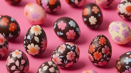 Wall Mural - Festive Hand Painted Easter Eggs with Vibrant Floral Designs and Patterns on a Pink Background  Traditional Springtime and Crafts