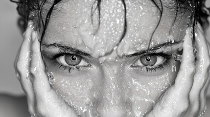 Wall Mural -  a woman with her hands on her face, covered in water droplets The image is in black and white, giving it a timeless and classic feel