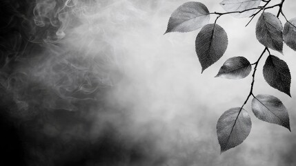 Wall Mural -  a black and white photo of a tree branch with leaves on the right side and smoke in the background