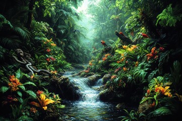 rainforest habitat filled with monkeys, parrots, and snakes amidst vibrant vegetation