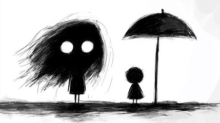 Wall Mural -  a black and white drawing of two people standing under an umbrella in the rain The person on the left is holding the umbrella, while the person in the middle is lo